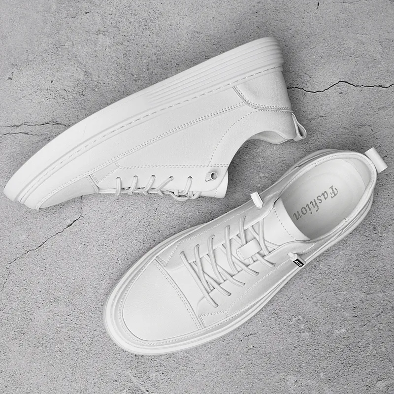 Men's White Leather Sneakers Retro Low Top Casual Walking Shoes