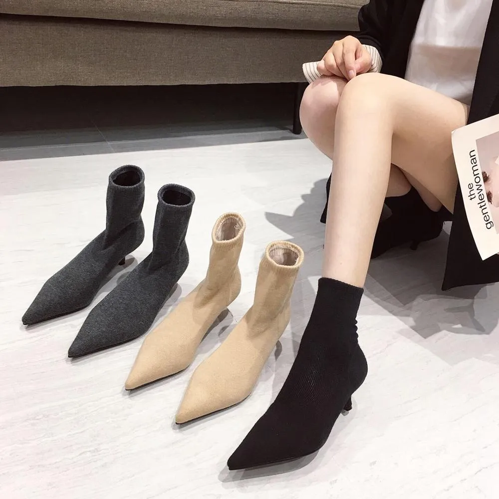 Low Heel Ladies Sock Boots Pointed Toe Sock Ankle Boots For Women