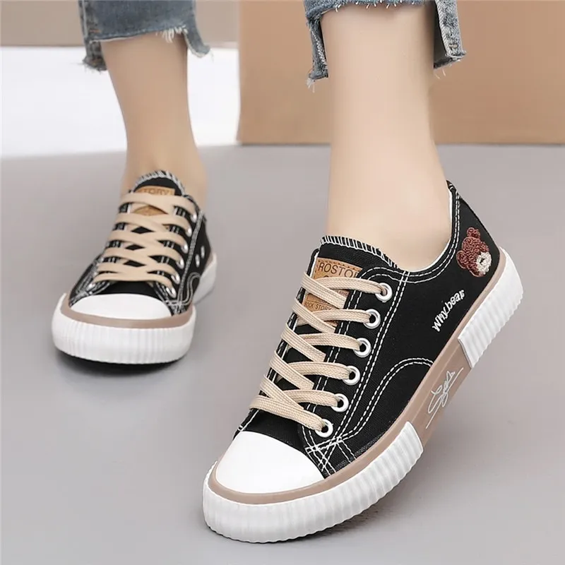 Summer Bear nvas Shoes Women Korean Breable Sual Ort Fion E Up Flat Tennis Female VulnizedColor White eSuitable Gender FemaleSize Not