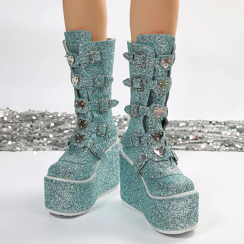 Women’s Mid Calf Booties – Sequin Leather Lace-Up Platform Ankle Boots, Non-Slip Round Toe Slouchy Motorcycle Style, Chunky Heel For Fall Winter