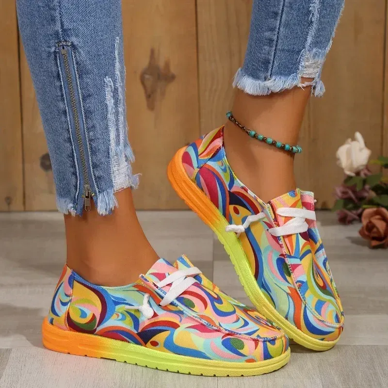 Rainbow Canvas Women s Flat shoes for women Ethnic Style with Multi Color Print and Lace up Closure for Casual and Daily Wear in Autumn