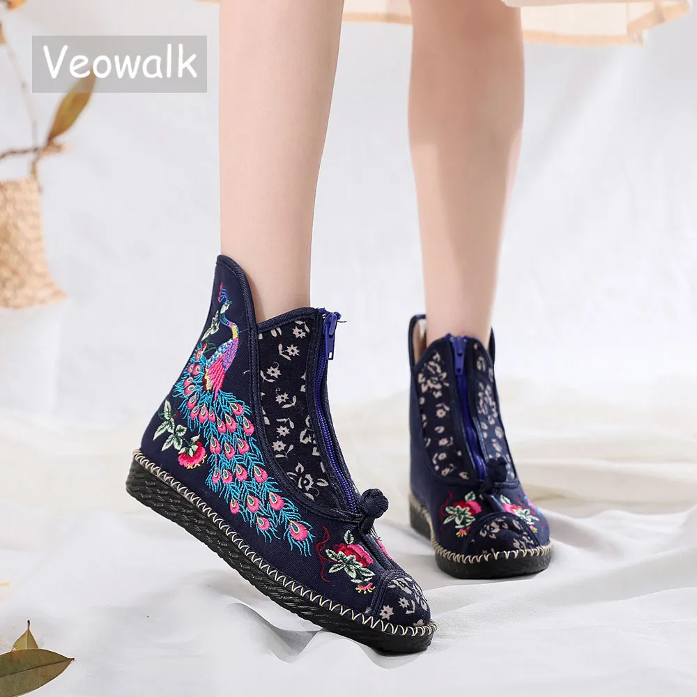 Peacock Embroidered Cotton Ankle Boots 2024 Comfortable Flat Shoes for Women