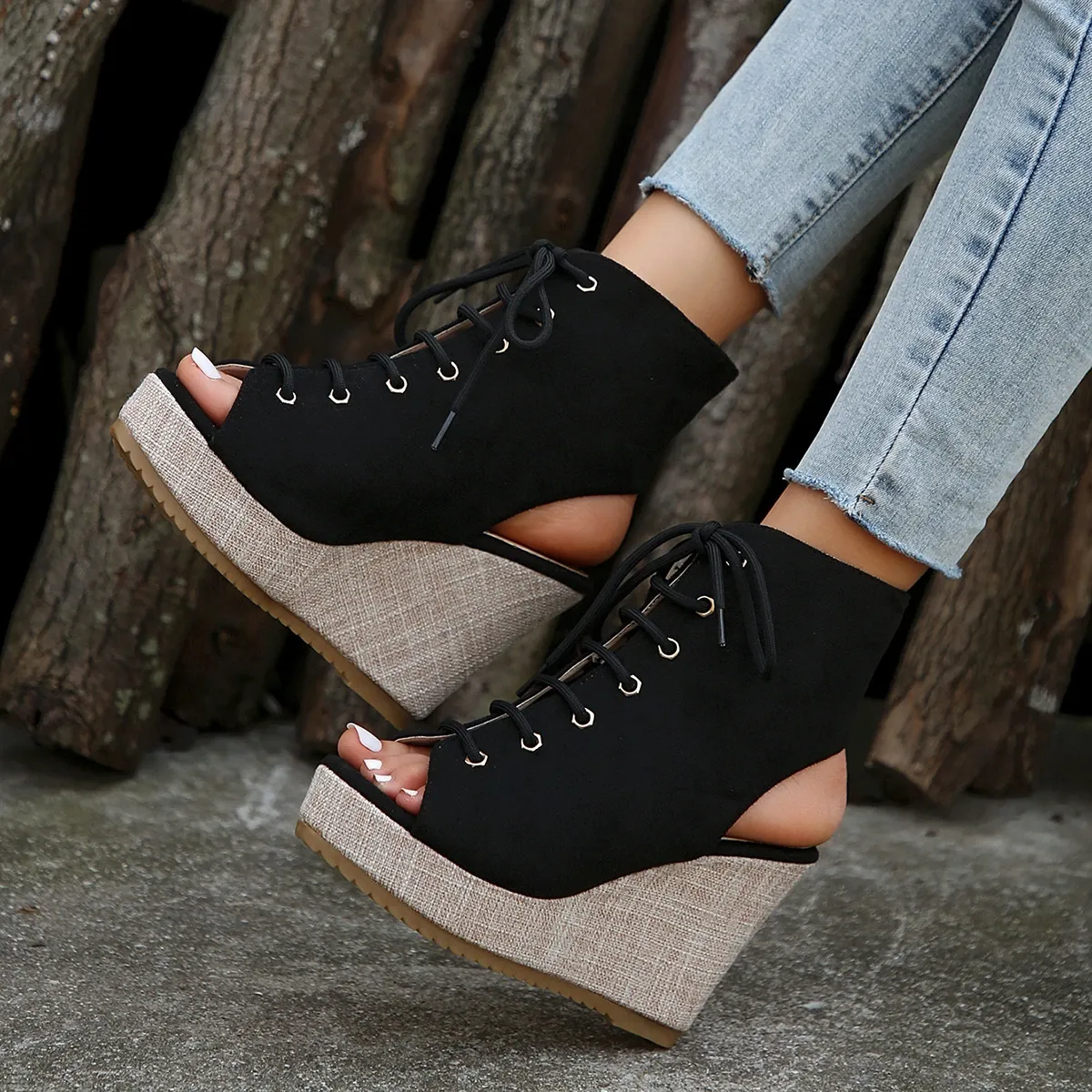 Womens Summer Platform Wedge Sandals Peep Toe, Cross Strap