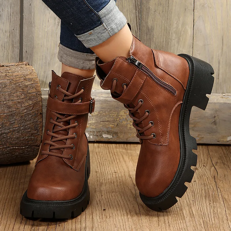 Ankle Boots For Women's Brown Leather Combat Boots Combat