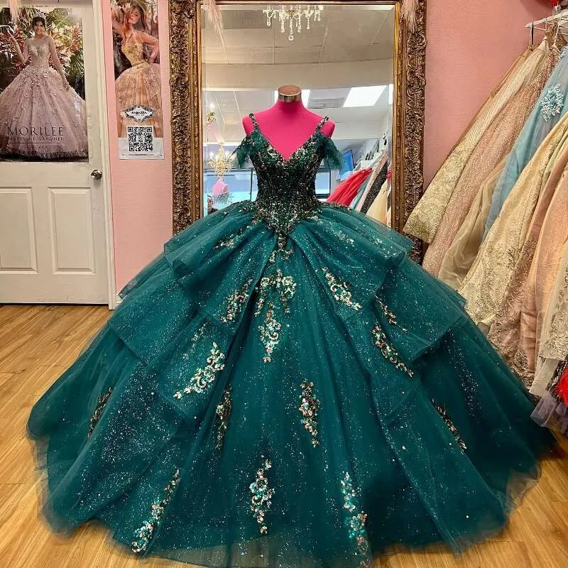 Blackish Green Quinceanera Ball Gown Dress with Sequin Beading, Off The  Shoulder Applique Lace, Sweep Train, Built-in Bra from Dhgate Quinceanera  Dresses - price 665.77