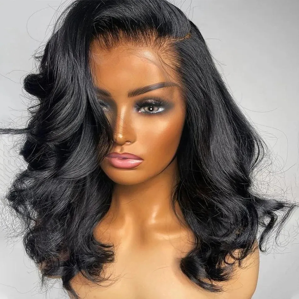 200% Density 13x4 Curly Short Bob Body Wave Lace Frontal Wig 12 14 16 ...