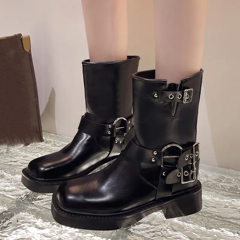 Black Leather Knee High Platform Boots for Women: Punk Style Buckle ...