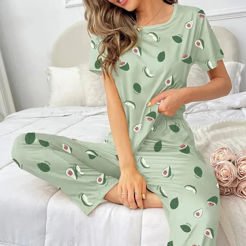 Womens Short Sleeved Pajama Set Pajama Casual Top With Trouser