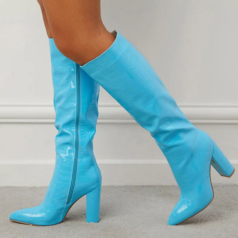 Womens Black Blue Chunky Heel Knee High Boots Pointed Toe, Zip