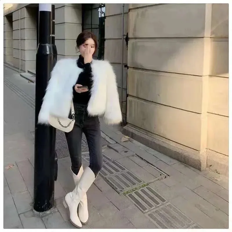 Cropped White Faux Fox Fur Jacket With Bat Sleeves – From