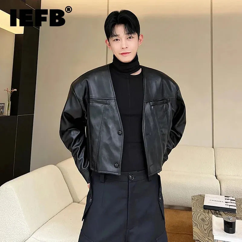 IEFB V Neck Mens PU Leather Jacket With Klikki N From