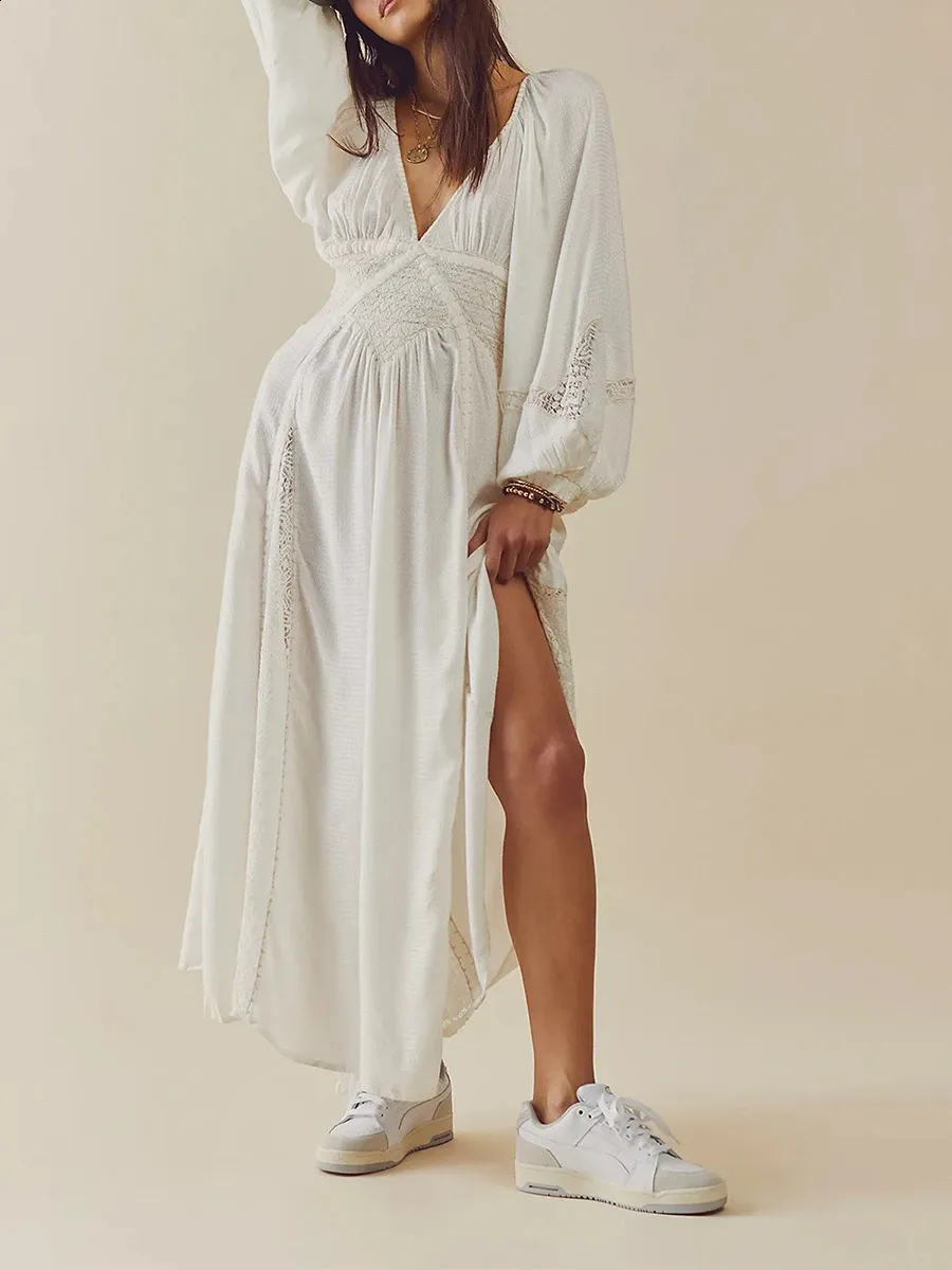 chiffon lace dress Simple Beach Wedding Dress | V-Neck Long Sleeve Chiffon Lace Gown