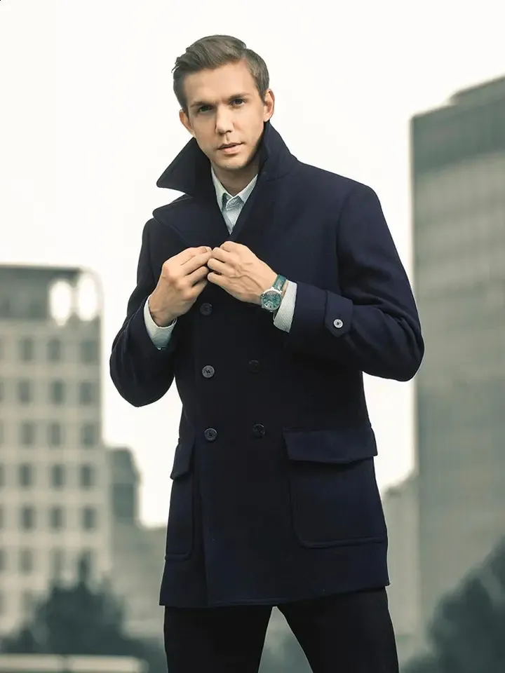 Business Casual Jackets Mens: Retro Navy Blue Wool Slim Fit