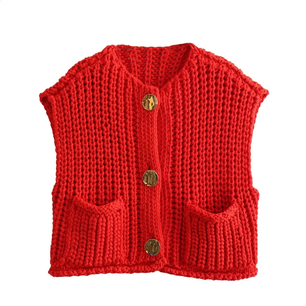 Elegant Red Knit Tank & Cardigan Set - Gold Button Detail