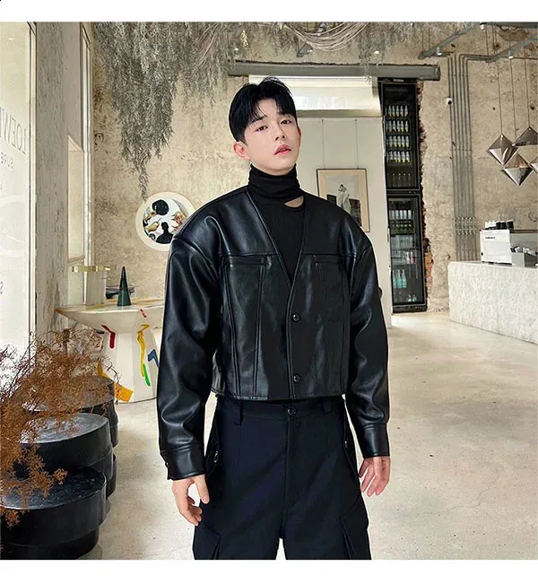 IEFB V Neck Mens PU Leather Jacket With Klikki N Patch Work