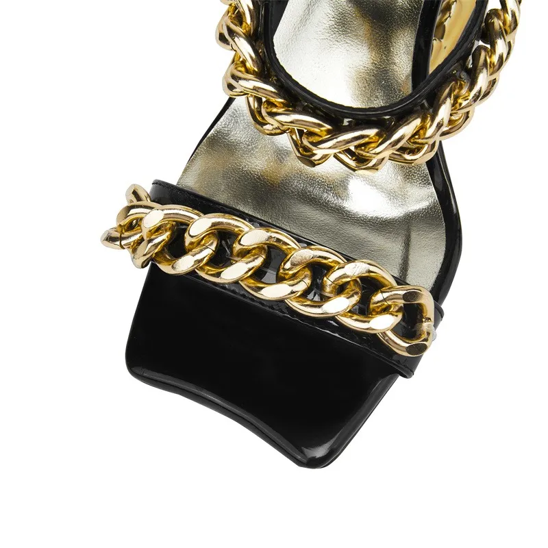 2024 New Fashion Big Gold Chain Peep Toe Tiger Teeth Heel Gold Block