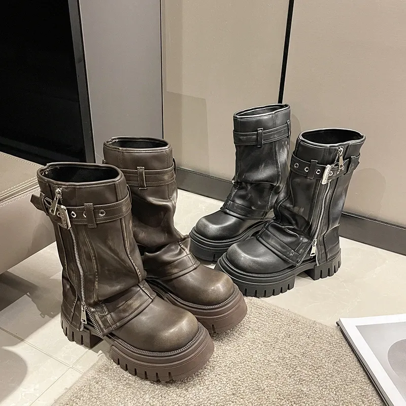 Chunky Punk Mid-Calf boots near me with Retro Round Head