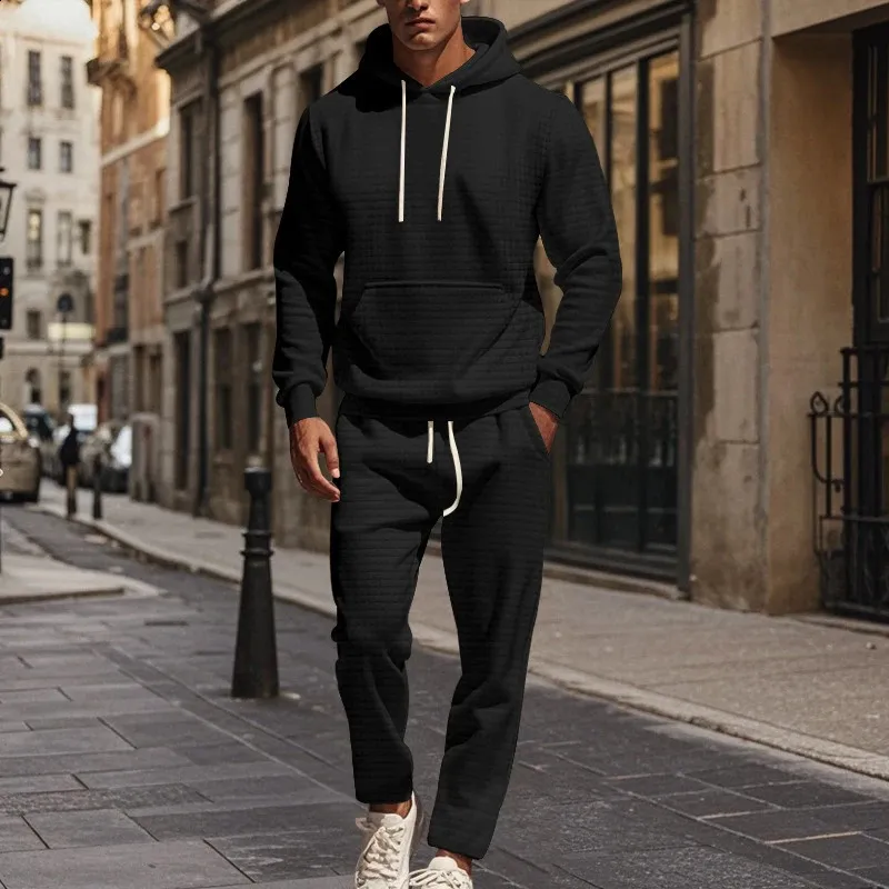 トップス Shesame knit track hoodie&pants setup Mens Set Autumn Waffle Knit: Casual Solid Color Long Sleeve Hoodie