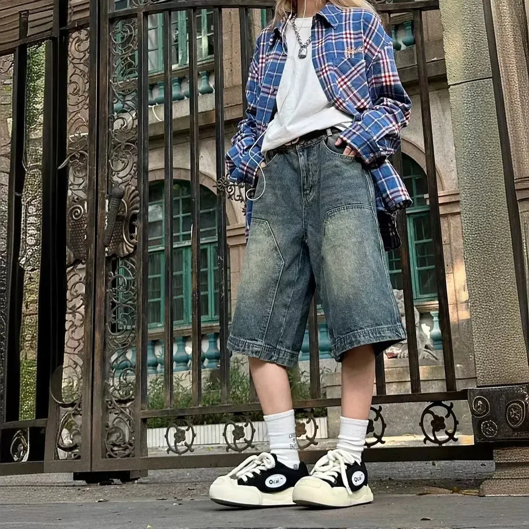 American Style Vintage Hip Hop Distressed Wide Leg Acrylic Denim