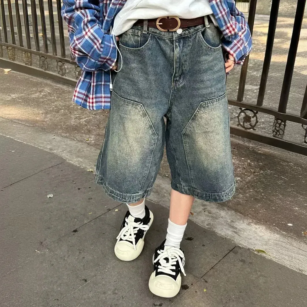 American Style Vintage Hip Hop Distressed Wide Leg Acrylic Denim