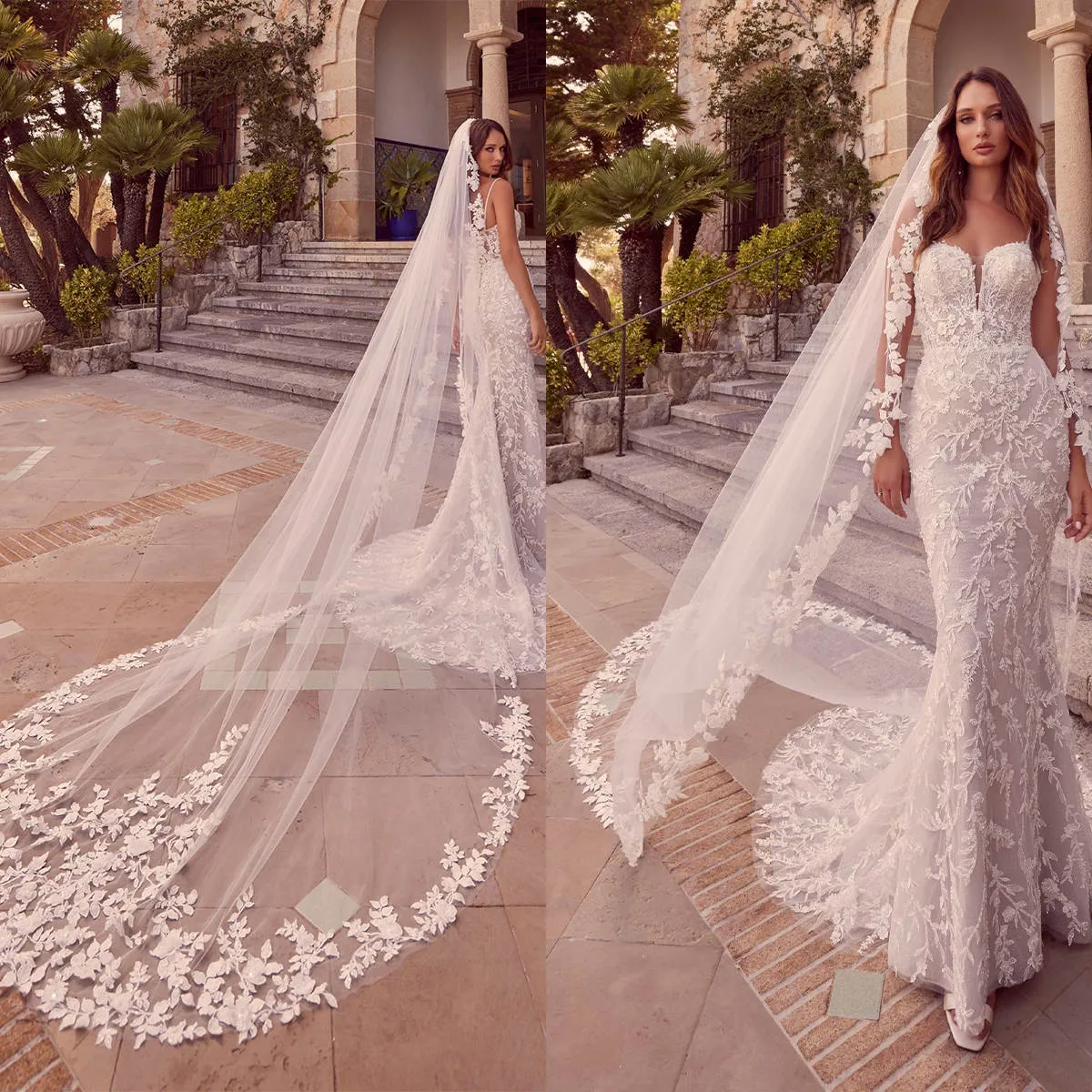 Elegant White Floral Lace Wedding Veil Floral Lace Veil, Single Tier, Cathedral Length – Calily Bridal main image 2