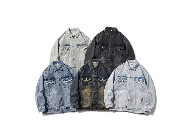 Retro Denim Jacket Mens Classic Fit Distressed Denim Jacket
