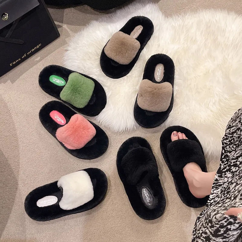 Womens Fur Slides Plush Faux Fur Open Toe Platform Slippers For