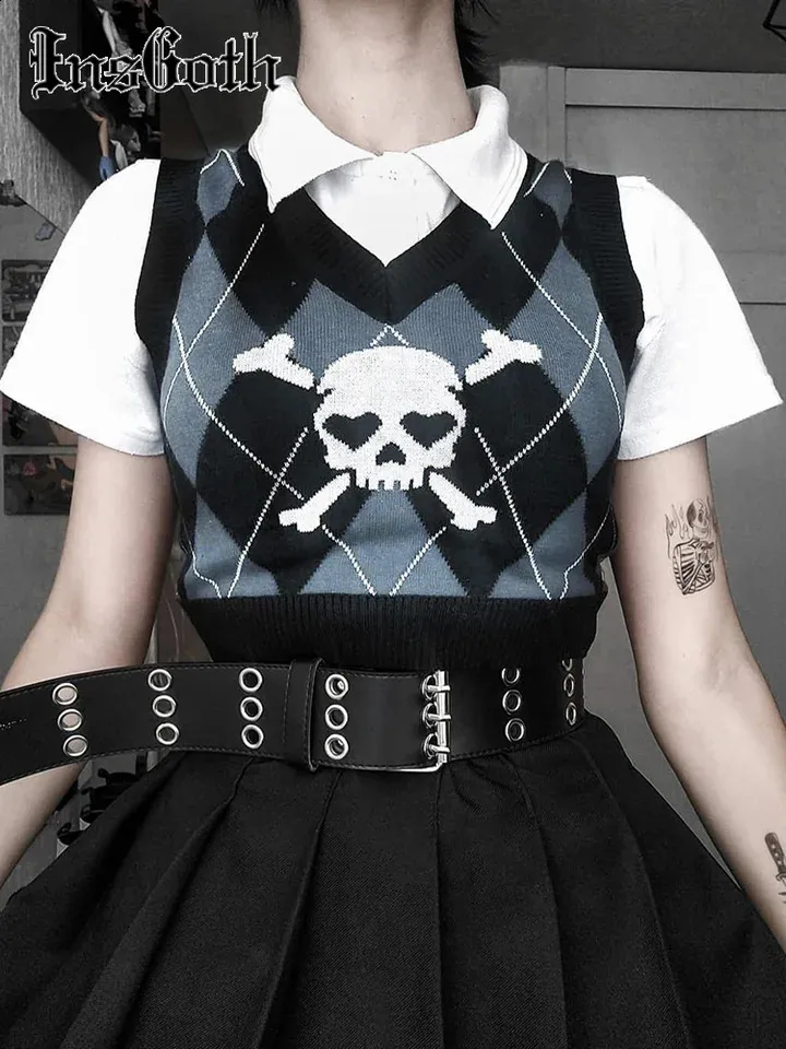 Goth Tops: Knitted Skull Vest Harajuku Punk Sleeveless V
