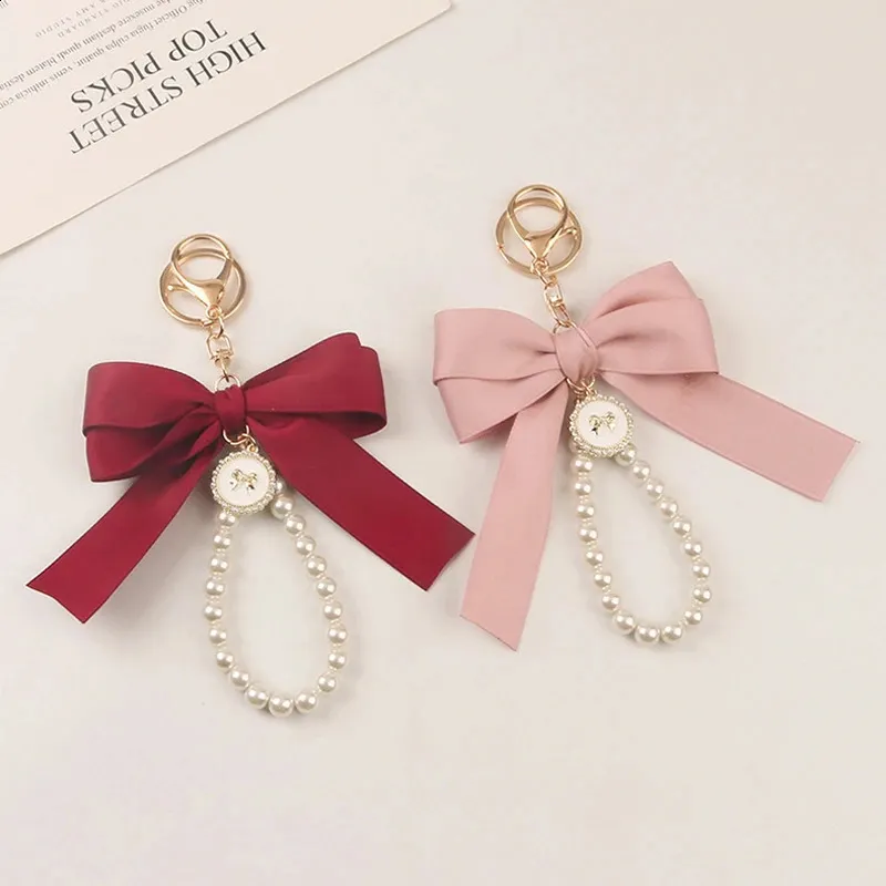 Elegant Pearl Ribbon Bowknot Keychain - Metal Buckle Keyring Bag Charm ...