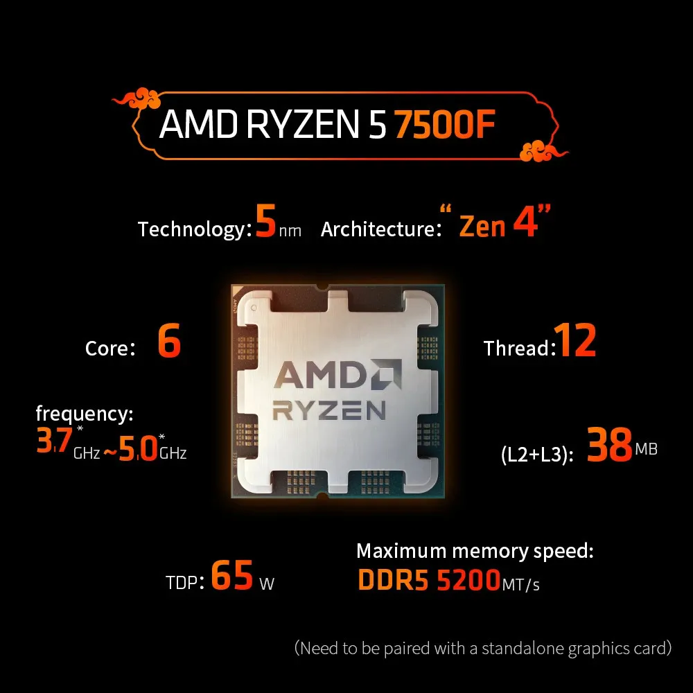 Ryzen 5 7500F Gaming CPU - 5GHz, 6-Core, 12-Thread Processor
