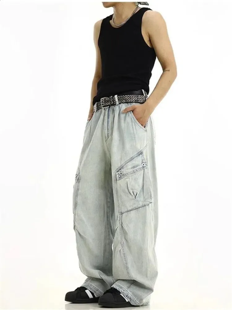 Mens Y2K Cargo Jeans Baggy Wide Leg Denim Trousers, Vintage