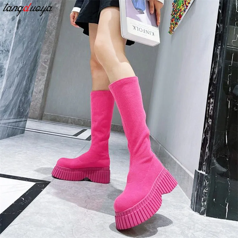 Pink Women's Winter Boots With Wedge Heel Platform Wedge Knee