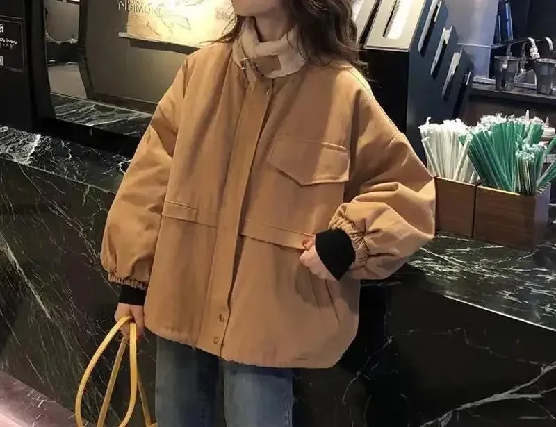 Spring Tweed Jacket Style Lamb Wool Cropped Jacket: Korean