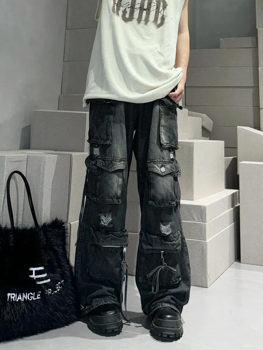 【COLOR iN ID】Autumn Jean Cargo Pants Autumn Men's Denim cargo pants with Multi-Pockets, Lace