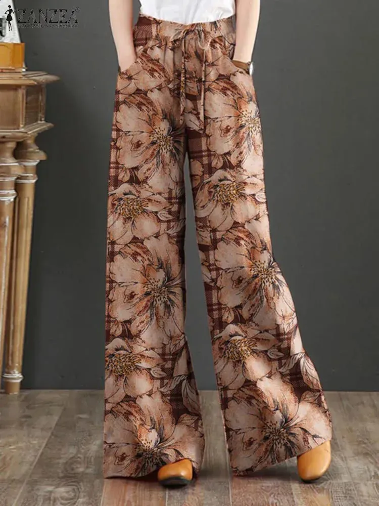 ZANZEA Womens Bohemian Floral Print Wide Leg Pants Summer Elastic