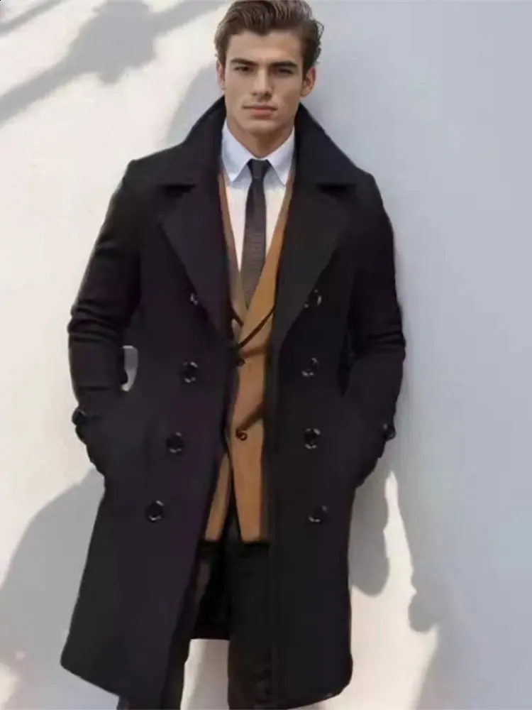 Premium Double Breasted Wool Trench Coat: Classic Mens Midi Jacket