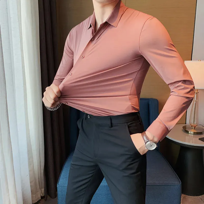 Men's Autumn Solid Long Sleeve Dress Shirt V-Neck Acetate Slim Fit Business  Office School S-4XL