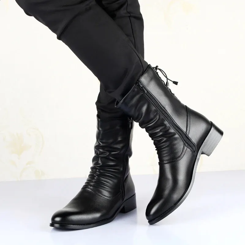 Winter Pointed Toe Mens Mid Calf Boots Increased To Leather Mens