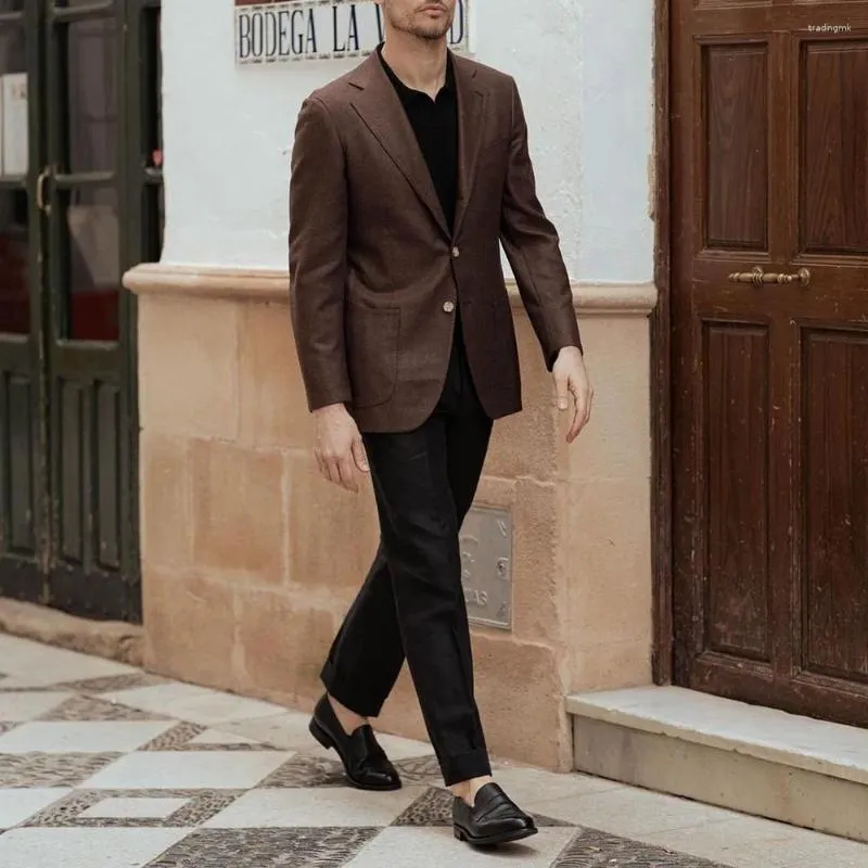 Men's Slim Fit Brown Blazer Black Pants Suit Single Breasted Notch  Lapel, Regular Length