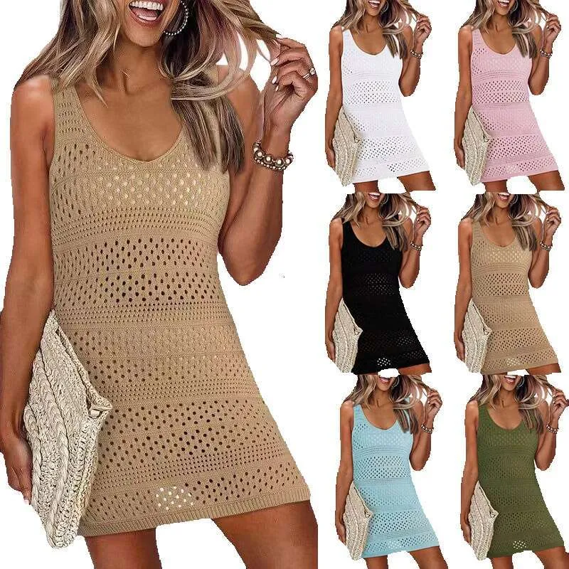 Hollow See-Through Smocked Solid Color Sun Protection Deep V-Neck Beach Cover-Up Maxi Dresses