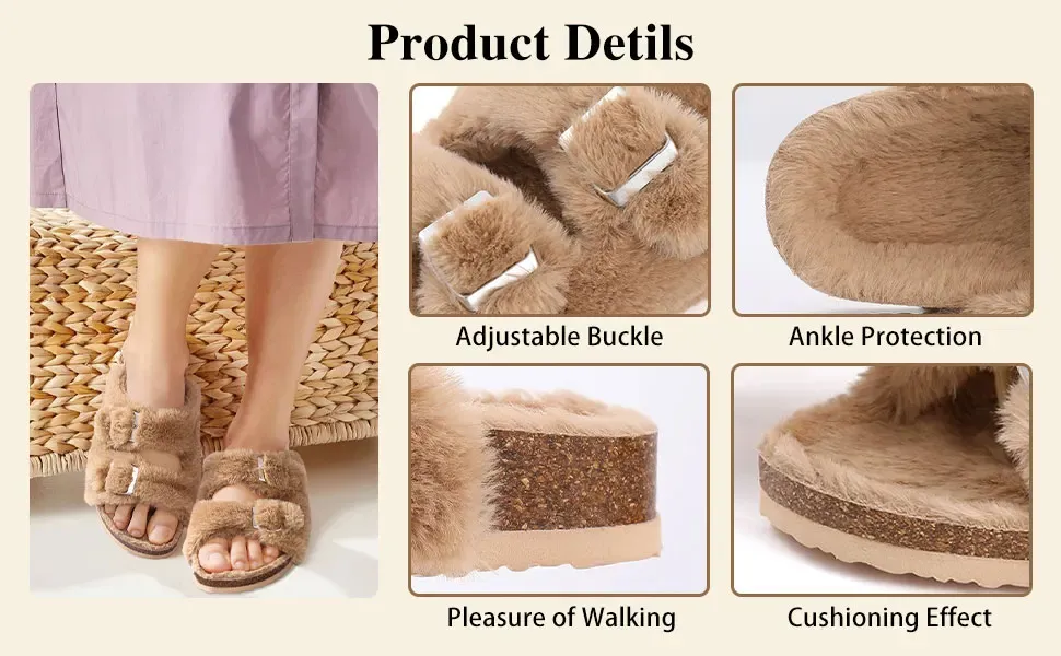 Saboți de blană pentru bărbați, Comwarm, cu branțuri pufoase din plută, pantofi de iarnă, din piele întoarsă, alunecare pe pantofi de cartofi_voghion.com