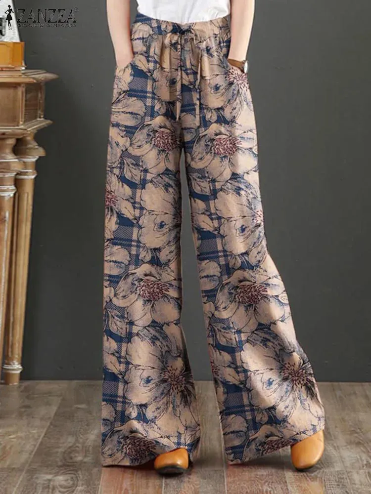 Womens Bohemian Floral Print Wide Leg Palazzo Pants with