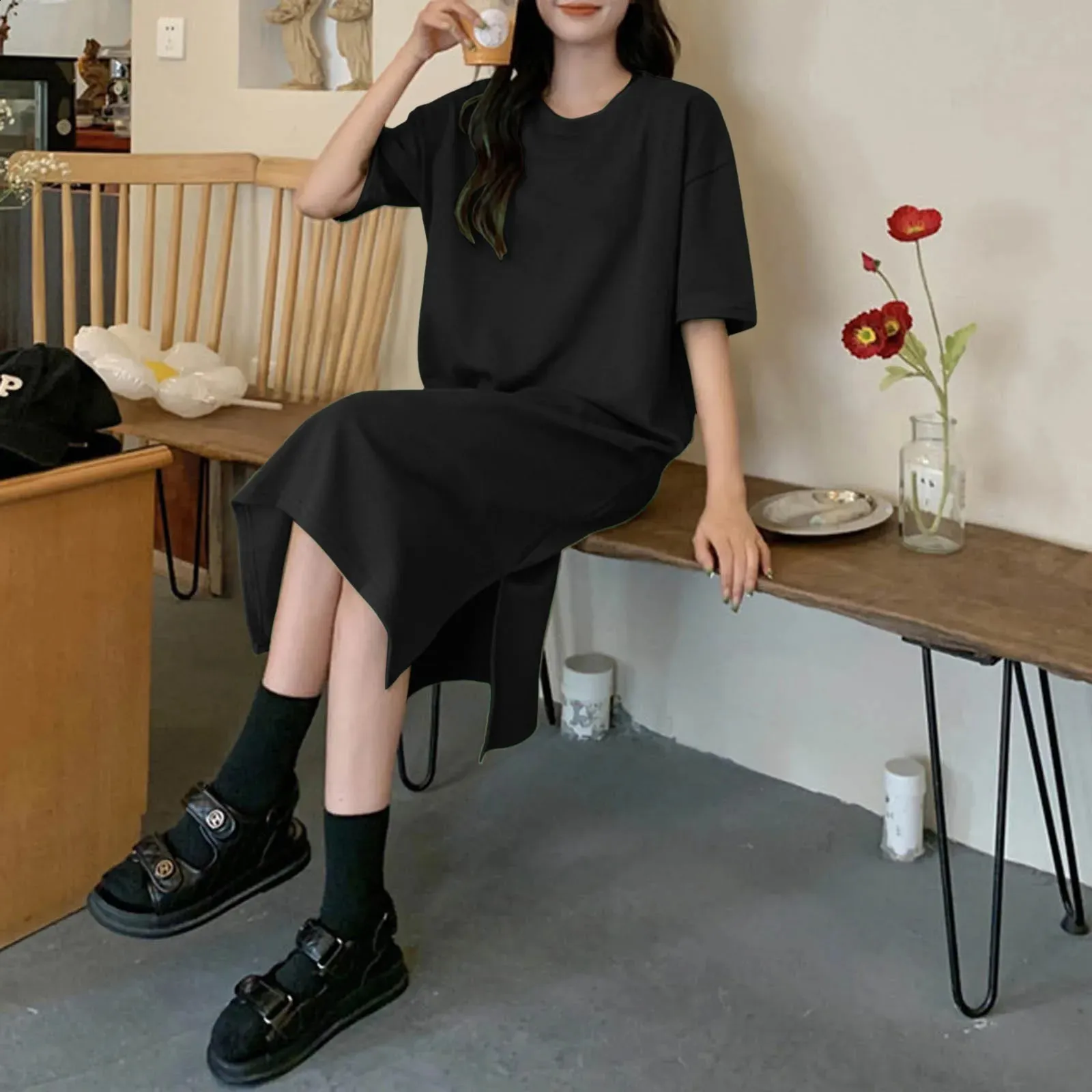 knee length loose summer dresses AUSELILY Women's Short Sleeve Pleated Swing Summer Dress with Pockets