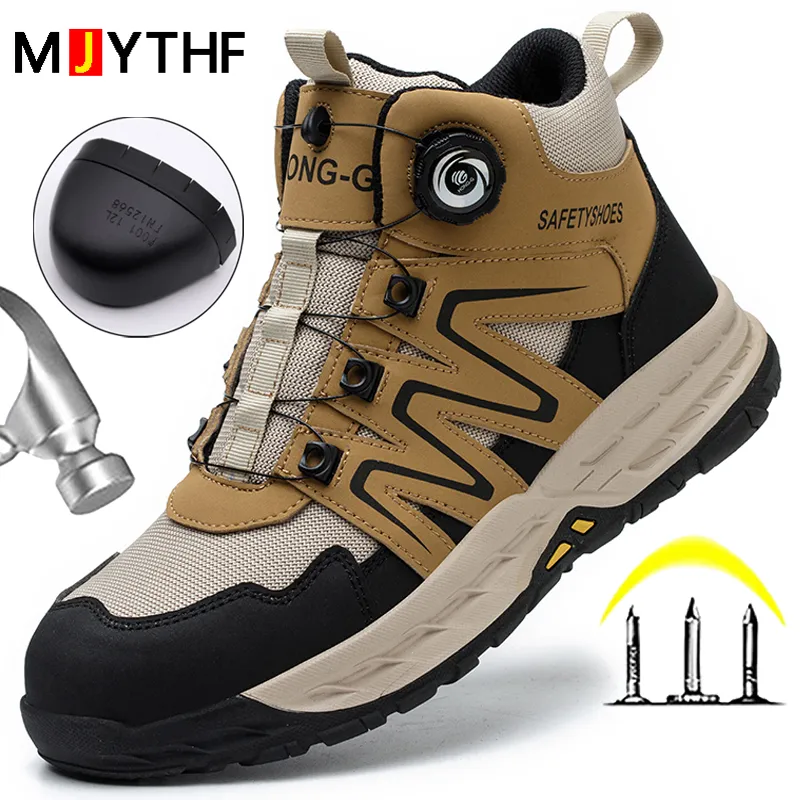 Mens Steel Toe Work Boots Rotating Button, Safety Durable