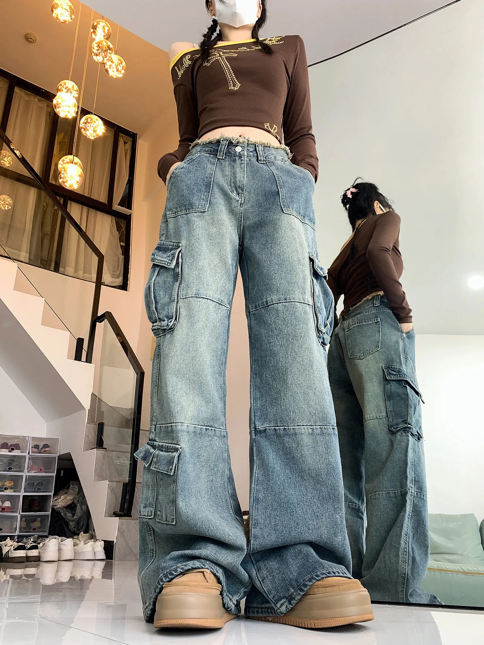 Womens Blue Y2k Jeans Harajuku Japanese 2000s Style Baggy