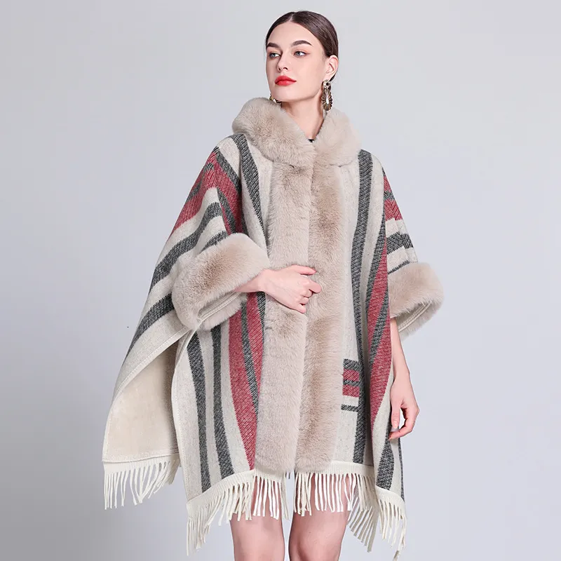 Autumn/Winter Plaid Hooded Cape Shawl with Fur Collar - Premium