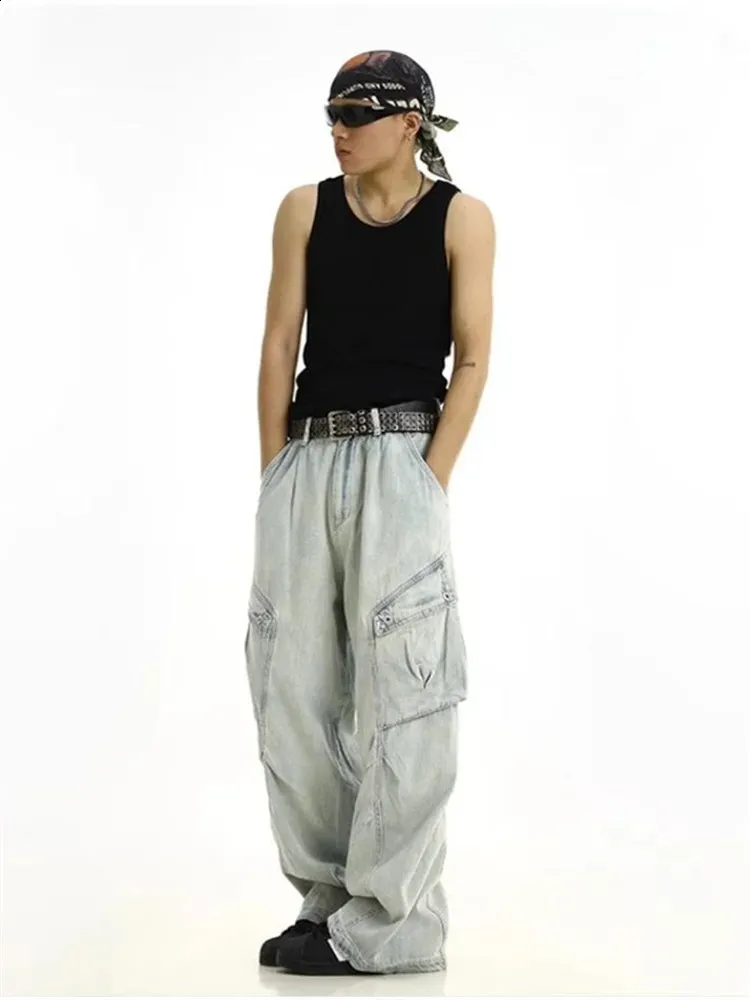 Mens Y2K Cargo Jeans Baggy Wide Leg Denim Trousers, Vintage
