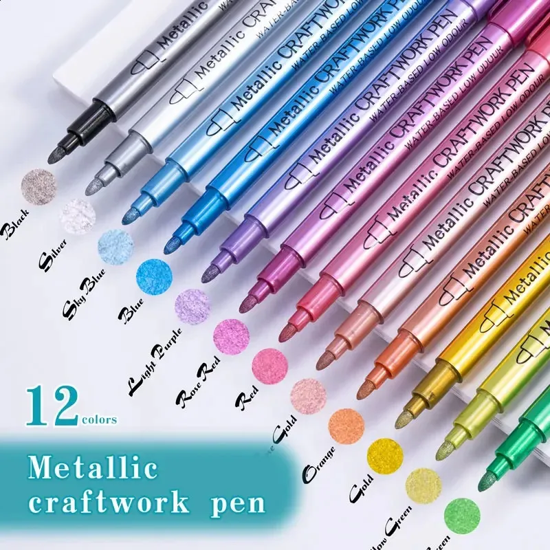 wholesale 12 colors Acrylic Paint Markers Metallic Art Glitter Pens for Scrapbook Supplies Black Paper Rock Painting Ceramic Wood Fabric 240830