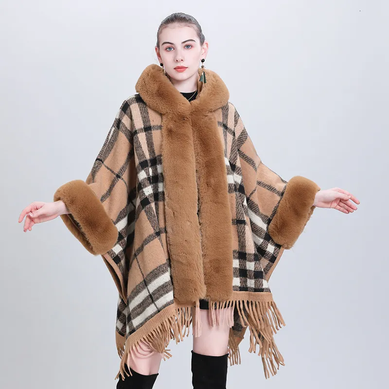 Premium Plus Size Faux Fur Collar Checkered Cape Shawl - Hooded