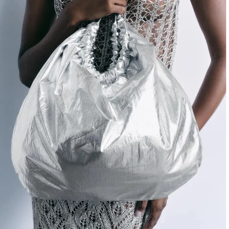 Half Moon Shoulder Bag: Simple Pleated Silver Handbag For